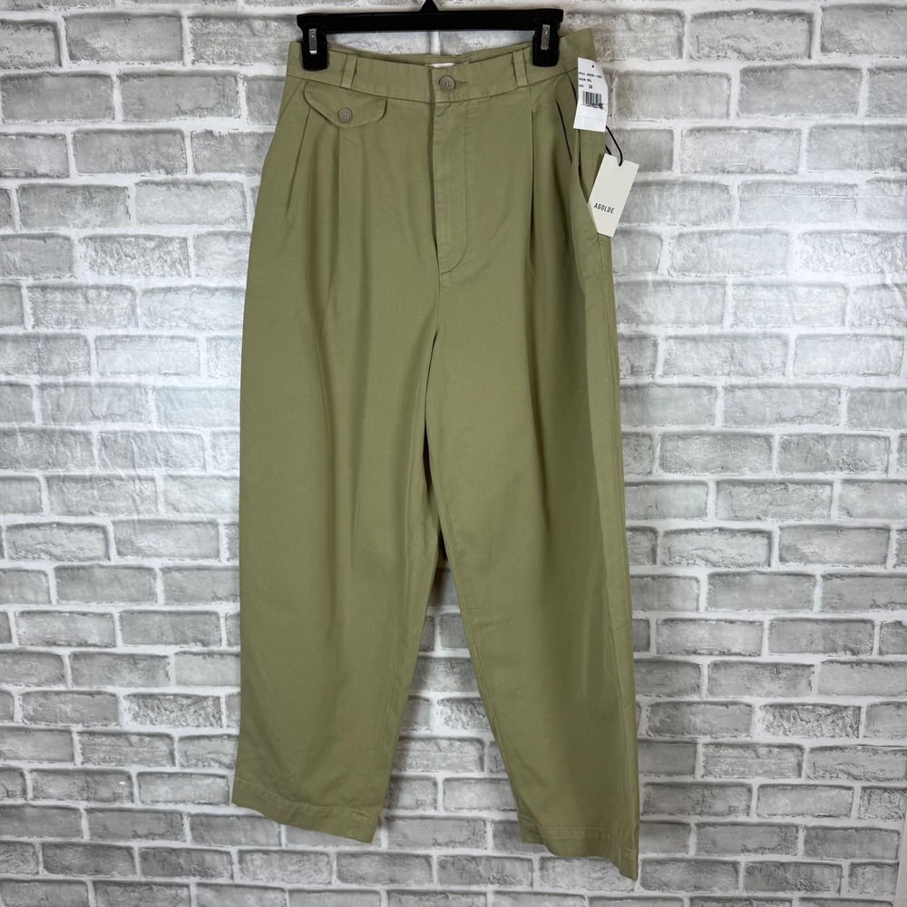 Agolde Becker Chino Pants Olive Green Pleated Tapered A9206-1626 Womens 26 NEW